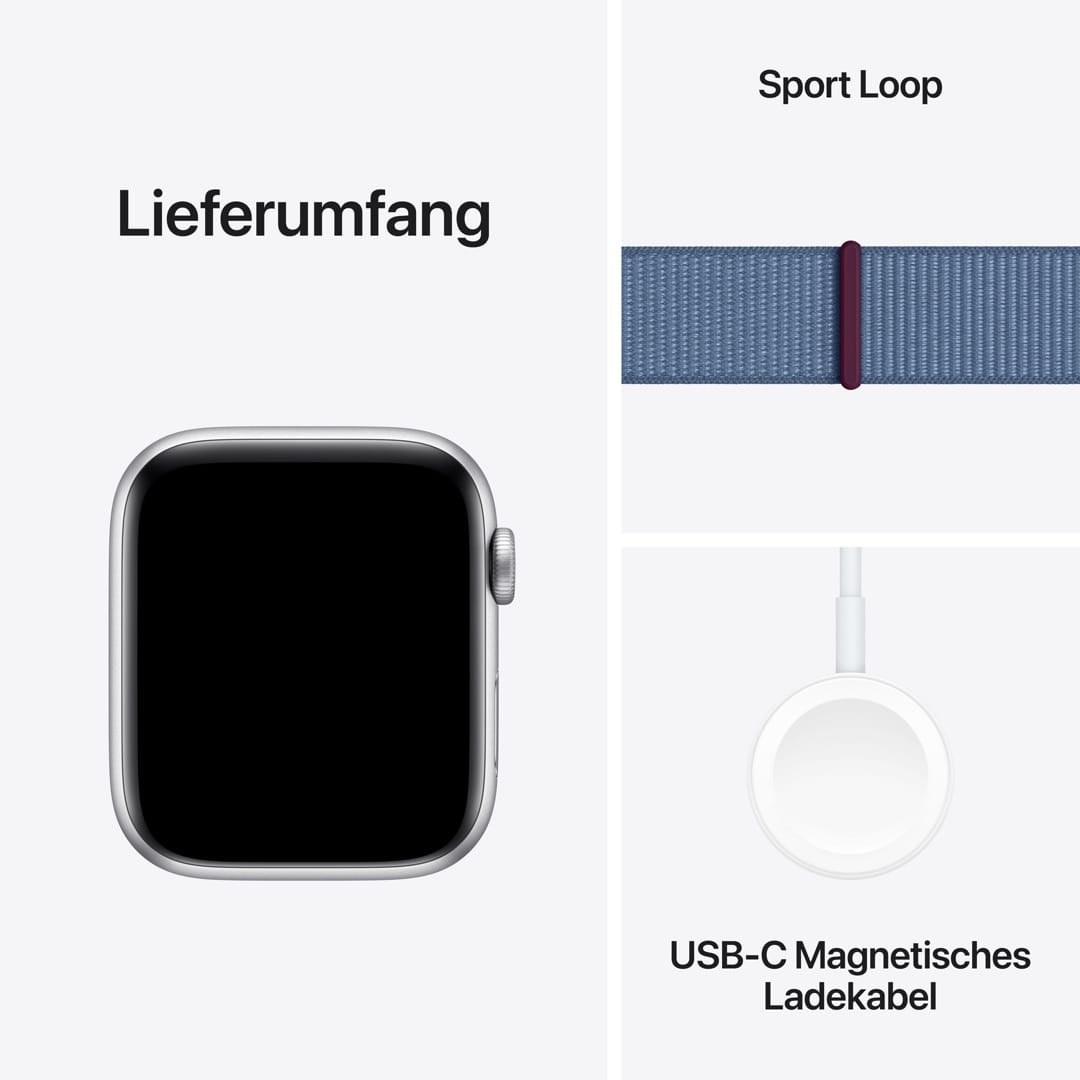 Apple Watch SE (2023) GPS + Cellular 44mm Silber Aluminium Case mit Sturmblau Sport Loop