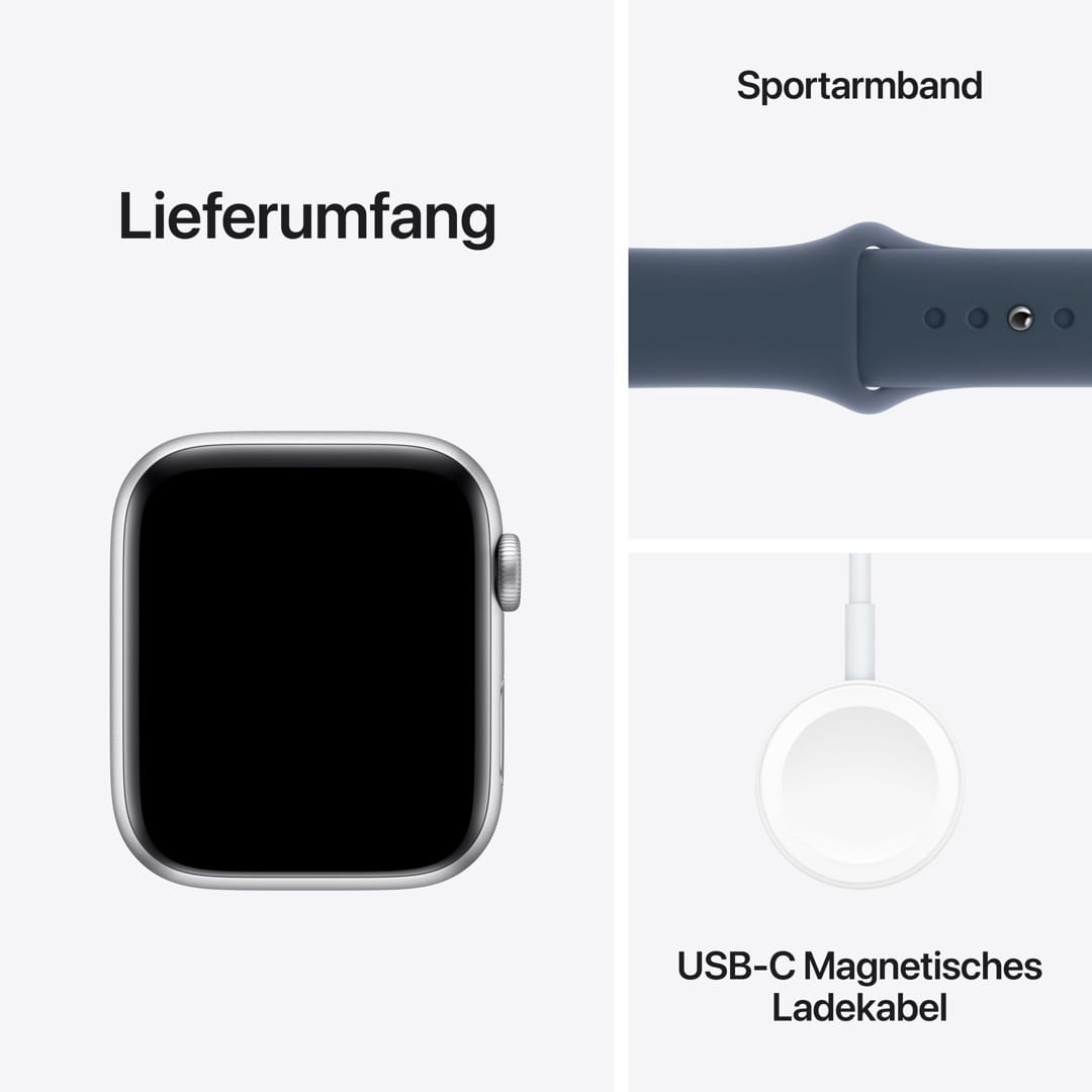 Apple Watch SE (2023) GPS + Cellular 44mm Silber Aluminium Case mit Sturmblau Sport Band - M/L