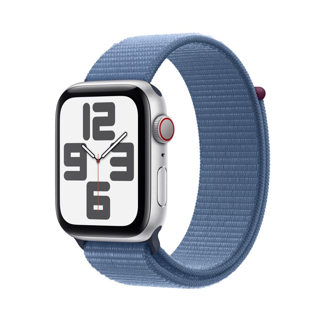 Apple Watch SE (2023) GPS + Cellular 44mm Silber Aluminium Case mit Sturmblau Sport Loop